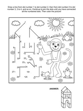 Connect the dots picture puzzle and coloring page - monkey the builder. Answer included.
