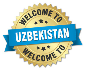 Uzbekistan 3d gold badge with blue ribbon