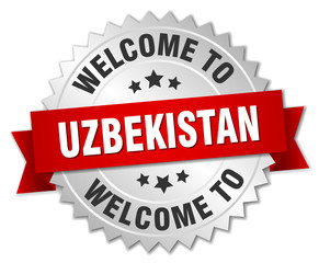 Uzbekistan 3d silver badge with red ribbon