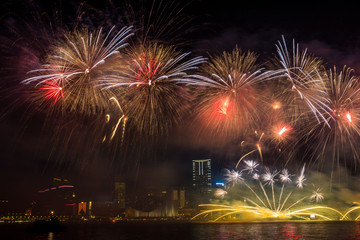 Beautiful Fireworks Over Victoria Harbor in Hong Kong