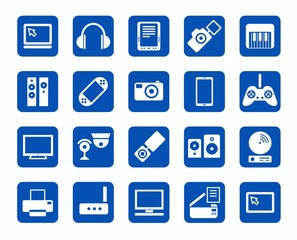 Icons, photo & video equipment, audio equipment, blue background. 