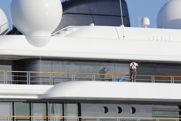 Luxury yacht being cleaned