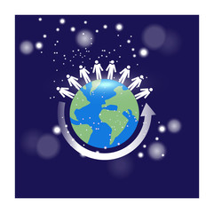 Vector image of globe with people on top and an arrow circling in an illuminated setting surrounded by stars or bright lights