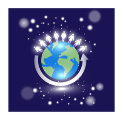 Vector image of globe with people on top and an arrow circling in an illuminated setting surrounded by stars or bright lights