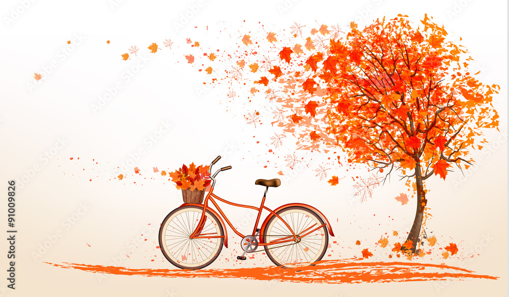 Aufkleber Autumn background with a tree and a bicycle. Vector.