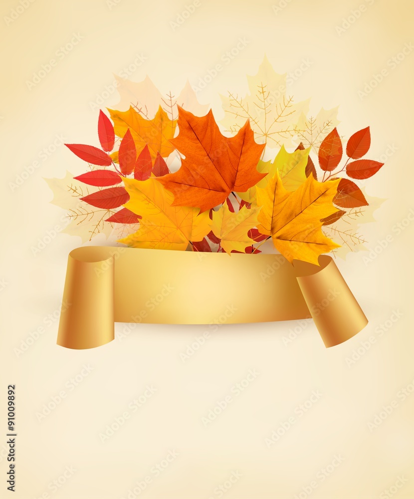 Poster autumn banner background with colorful leaves. vector.
