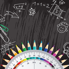 Creative chalkboard school background with pencils and protracto