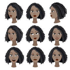 Set of variation of emotions of the same black girl. She is remembering, thinking, sad, dreaming, angry, surprised, outraged, smiling. She have short curly hair
