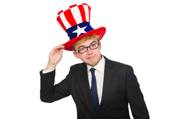 Businessman with american hat isolated on white