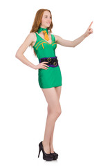 Fototapeta premium Young woman in green mini dress isolated on white