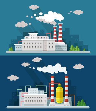 Industrial landscape set. The nuclear power plant and factory on