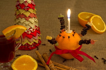 A freshly made Christingle table display, related to advent, it originates in Germany from the C18th.  but has spread across Europe and the Christian world.