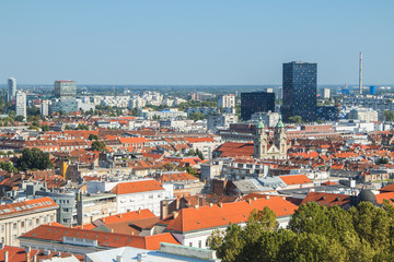 Naklejka na ściany i meble Aerial view of Zagreb center and modern business towers, urban skyline 