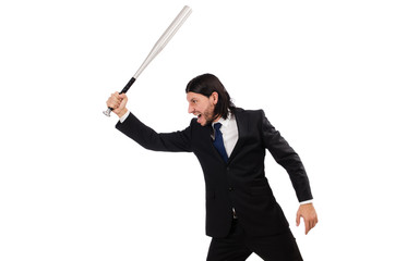 Young elegant man holding bat isolated on white