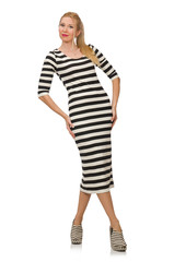 Young woman in long striped dress isolated on white