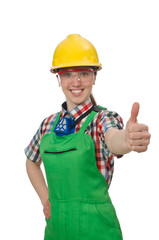 Female worker wearing coverall isolated on white