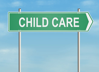 Child care. Road sign on the sky background. Raster illustration.
