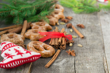 Honey cakes with spices on a wooden background. Christmas compos