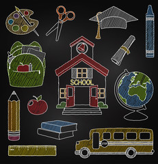 Vector Set of Hand Drawn Chalkboard Doodle School Vectors - 91018473