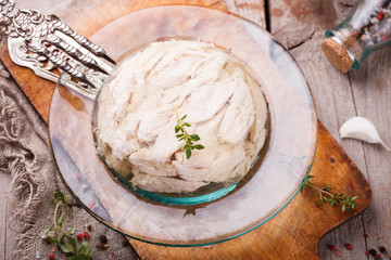 Traditional Russian food. Aspic chicken jelly.selective focus