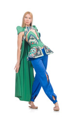 Fototapeta premium Woman in oriental green clothing isolated on white