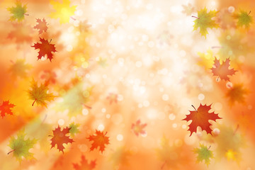 Beautiful colorful autumn season blurred leaves on blurry bright yellow, orange and red bokeh background with light beams. Autumn season illustration with copyspace background.