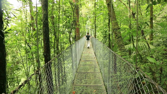 Woman walking on hanging bridge at natural rainforest park, Costa Rica