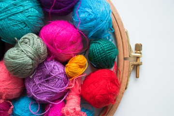 Embroidery threads and frame with space for text. White background