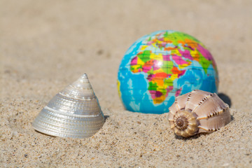 Seashells on a background of the globe in the sand