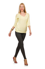 Fototapeta premium Pretty woman in yellow blouse isolated on white