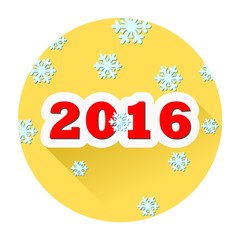 Happy new 2016 year yellow button with long shadow and snowflakes