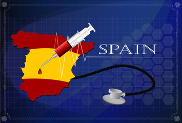 Map of Spain with Stethoscope and syringe.