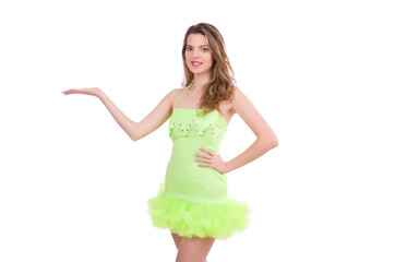 Pretty lady in light charming dress isolated on white