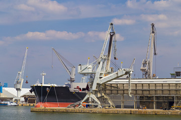 Fototapeta na wymiar Oil tanker moored near an oil silo in Port of Antwerp