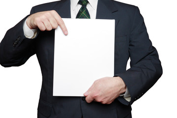 Business Man in Suit Holding and Pointing to Blank Pad