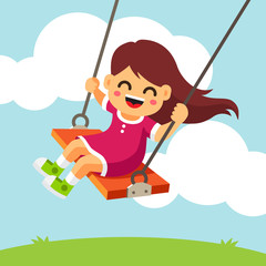 Happy smiling girl kid swinging on a swing - obrazy, fototapety, plakaty