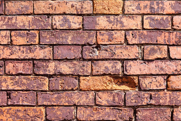 Weathered stained old brick wall as background
