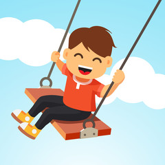 Happy smiling boy kid swinging on a swing - obrazy, fototapety, plakaty