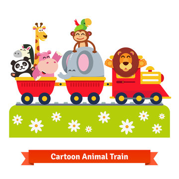 Cartoon happy animal train. Locomotive and cars.