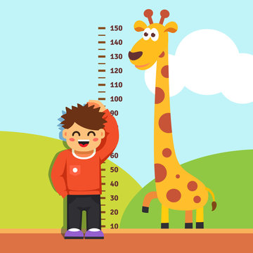 Boy kid measuring his height at kindergarten wall