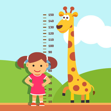 Girl kid measuring his height at kindergarten wall