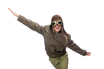 Funny woman pilot isolated on white