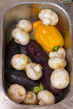 champignons, eggplant, peppers bolgalsky washed vegetables in bo