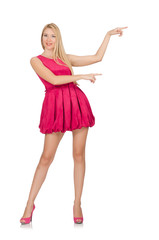 Young woman in pink dress isolated on white