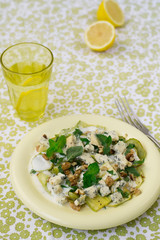 salad with squash, blue cheese, walnuts and yogurt dressing