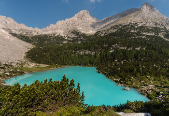 Fototapeta na wymiar aerial view of Sorapiss lake in Dolomites