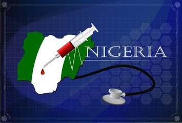 Map of Nigeria with Stethoscope and syringe.