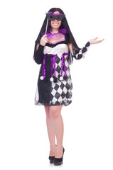 Pretty girl in jester costume isolated on white