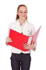 Red hair girl holding paper isolated on white