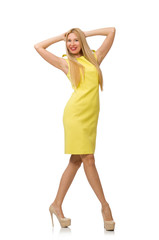 Fototapeta premium Pretty fair girl in yellow dress isolated on white